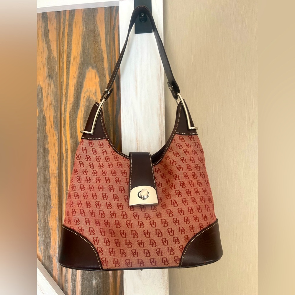 Dooney & Bourke Red Logo & Cherry Brown Leather Trim Bucket Bag Shoulder Purse
